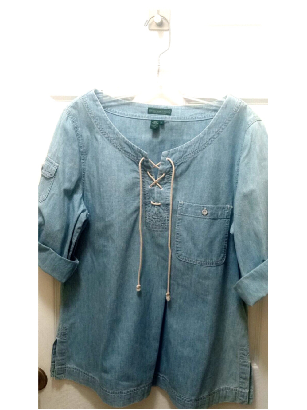 Vtg Lauren Ralph Lauren Womens Denim Lace Up Sz L Cottagecore Peasant Boho Blue